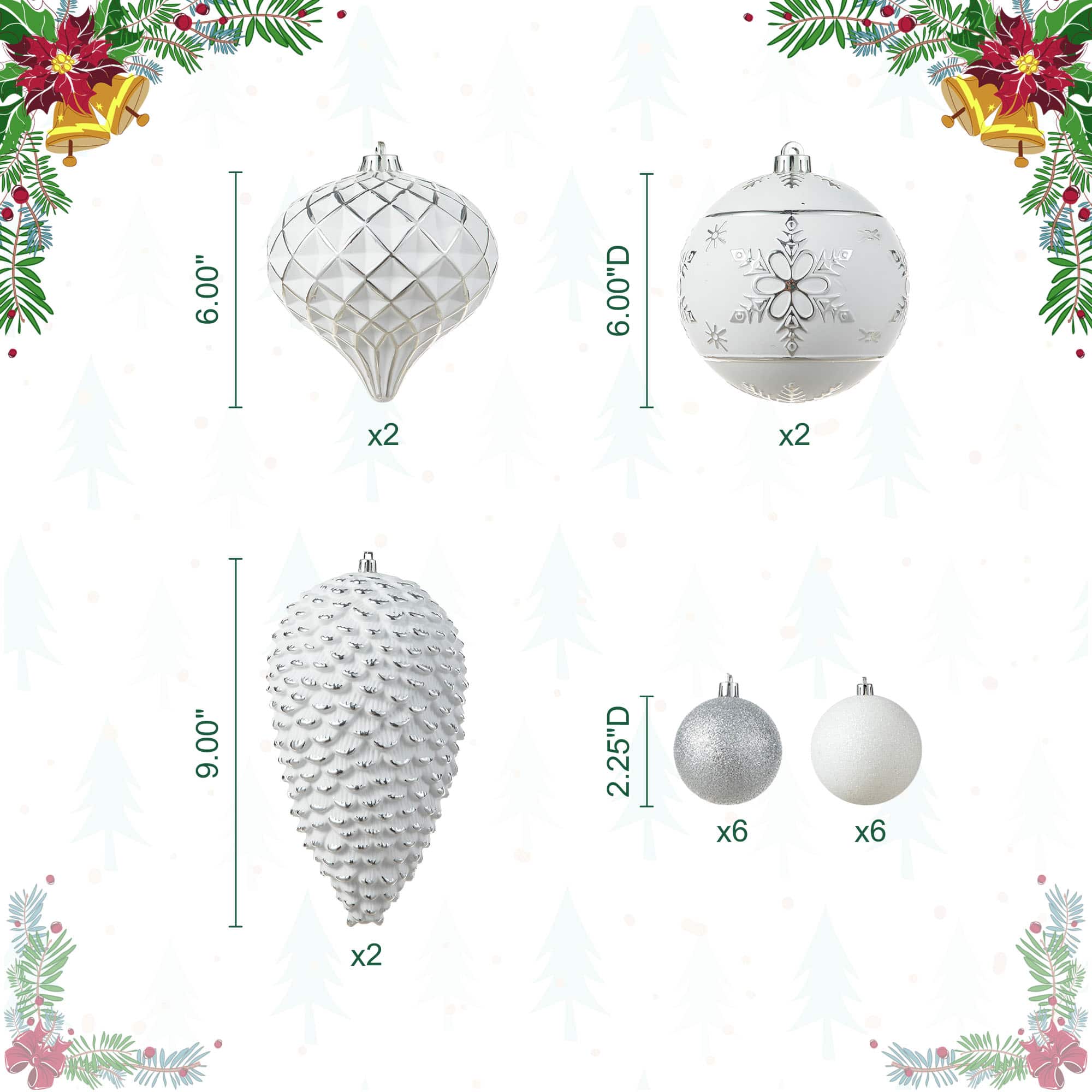 Glitzhome® 18 Pack Elegant Silver Deluxe Large Shatterproof Ornaments